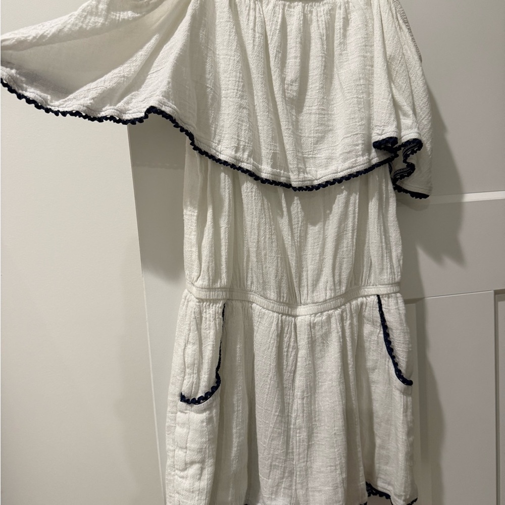 White Ruffle One-Shoulder Dress with Navy Trim